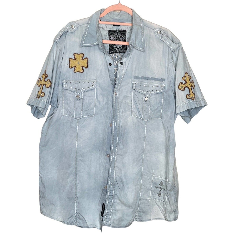 Roar XXL Mens Blue Get It Done Regular Fit Short Sleeve Collared Button Up Shirt